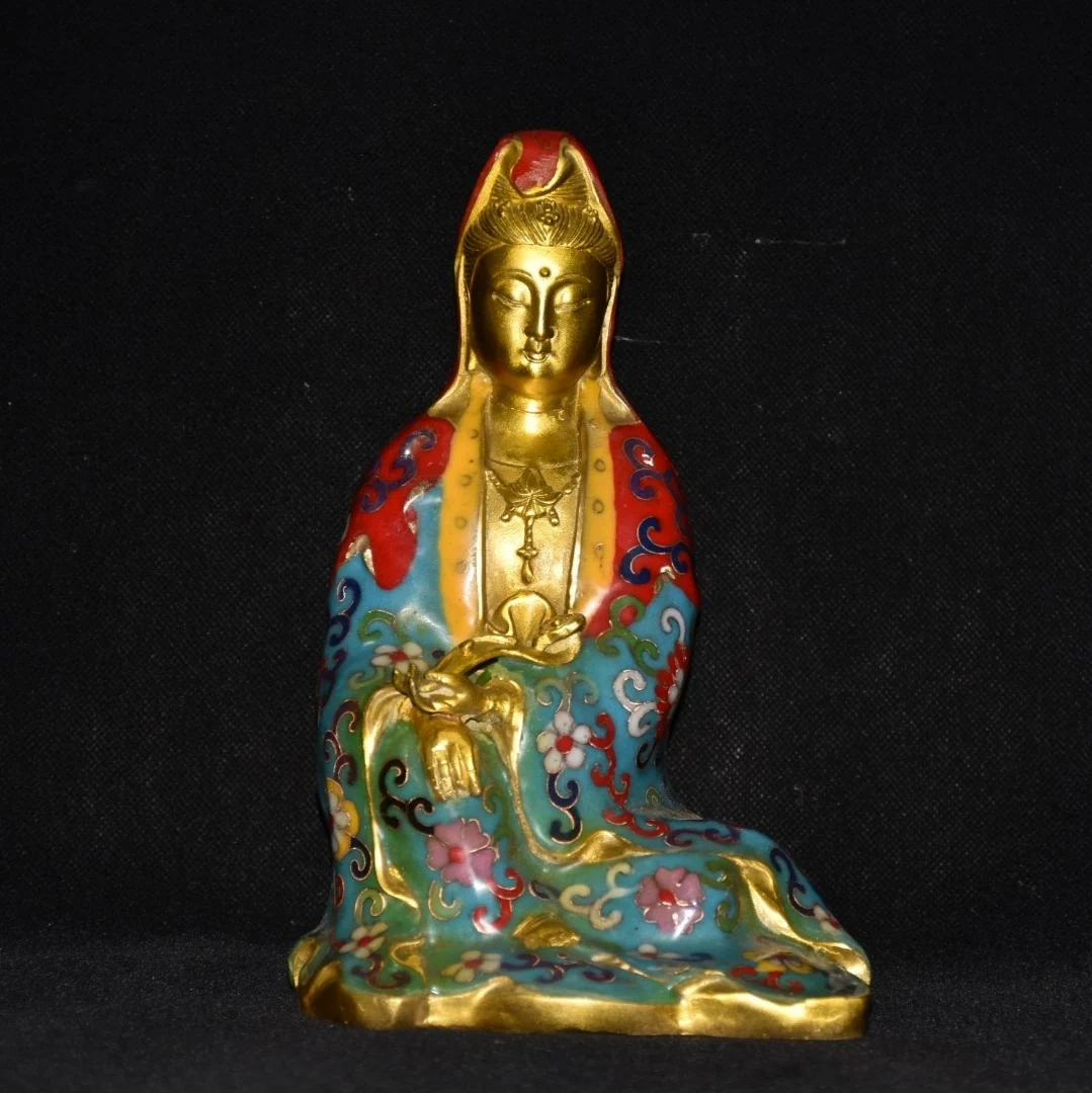 

9" Tibetan Temple Collection Old Bronze Cloisonne comfortable Guanyin Bodhisattva Sitting Buddha worship hall Town house