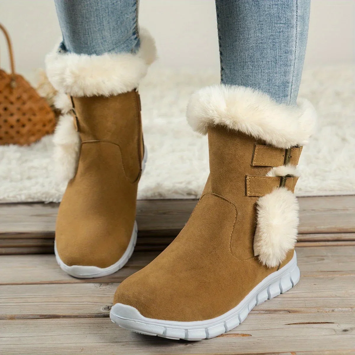 

Женские однотонные пушистые ботинки, удобные теплые ботинки на мягкой подошве, с боковой молнией, на платформе, зимние плюшевые теплые зимние ботинки