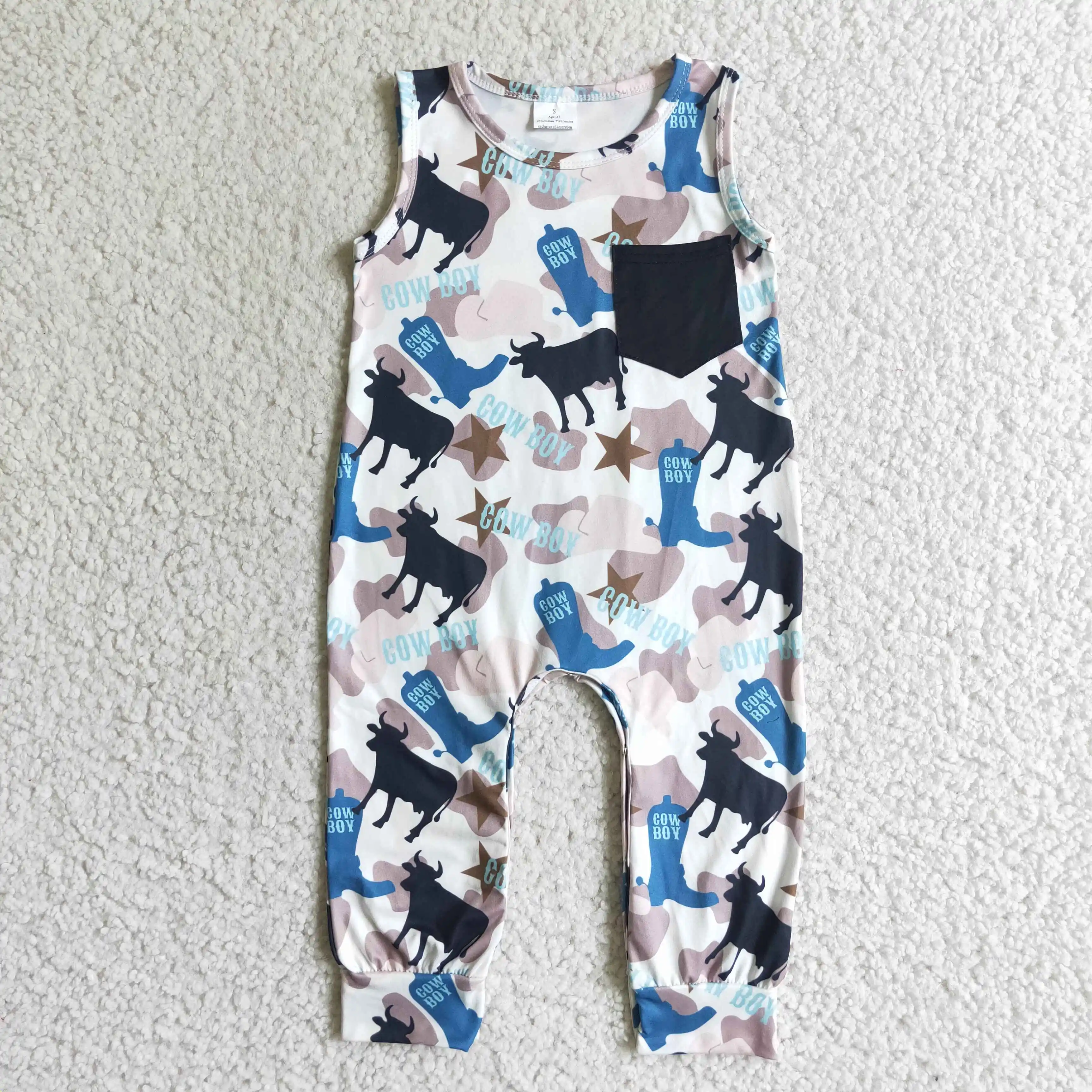 

Bulk Supply RTS NO MOQ Cow Print Baby Cowboy Bodysuits Infants Sleeveless Toddlers Newborn Rompers For Boys