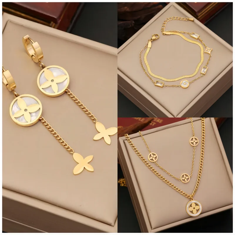 Jewelry Set for Women Fashion Personality Zircon Flowers Gold Color Chain Stainless Steel Necklace Bracelet Earrings Party Gift
Jewelry Set for Women Fashion Personality Zircon Flowers Gold Color Chain Stainless Steel Necklace Bracelet Earrings Party Gift