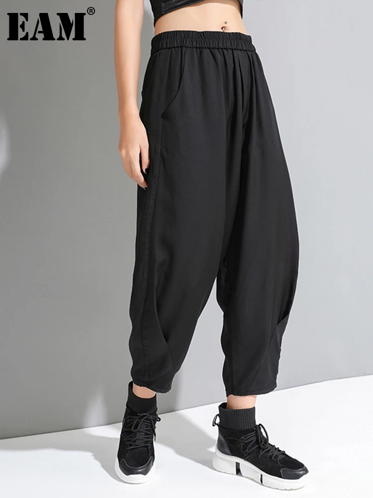 

[EAM] черные плиссированные длинные широкие брюки с высокой эластичной резинкой на талии, новые свободные женские брюки, модные весенне-летние 2023 1U320