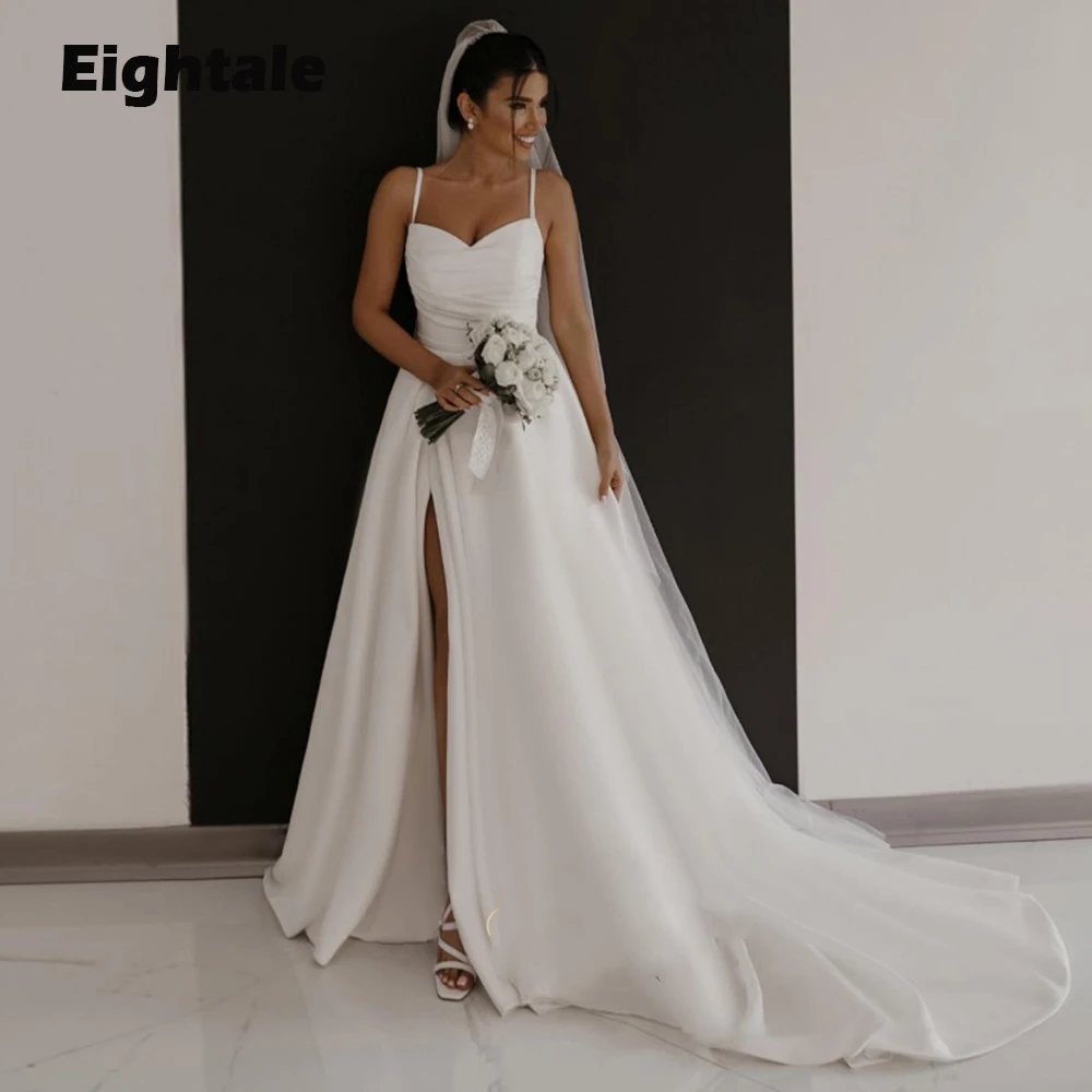 Пляжное свадебное платье в стиле бохо, с V-образным вырезом и высоким разрезом, на бретелях-спагетти, трапециевидного силуэта, с открытой спиной, лето 2022, индивидуальный пошив 
Пляжное свадебное платье в стиле бохо, с V-образным вырезом и высоким разрезом, на бретелях-спагетти, трапециевидного силуэта, с открытой спиной, лето 2022, индивидуальный пошив