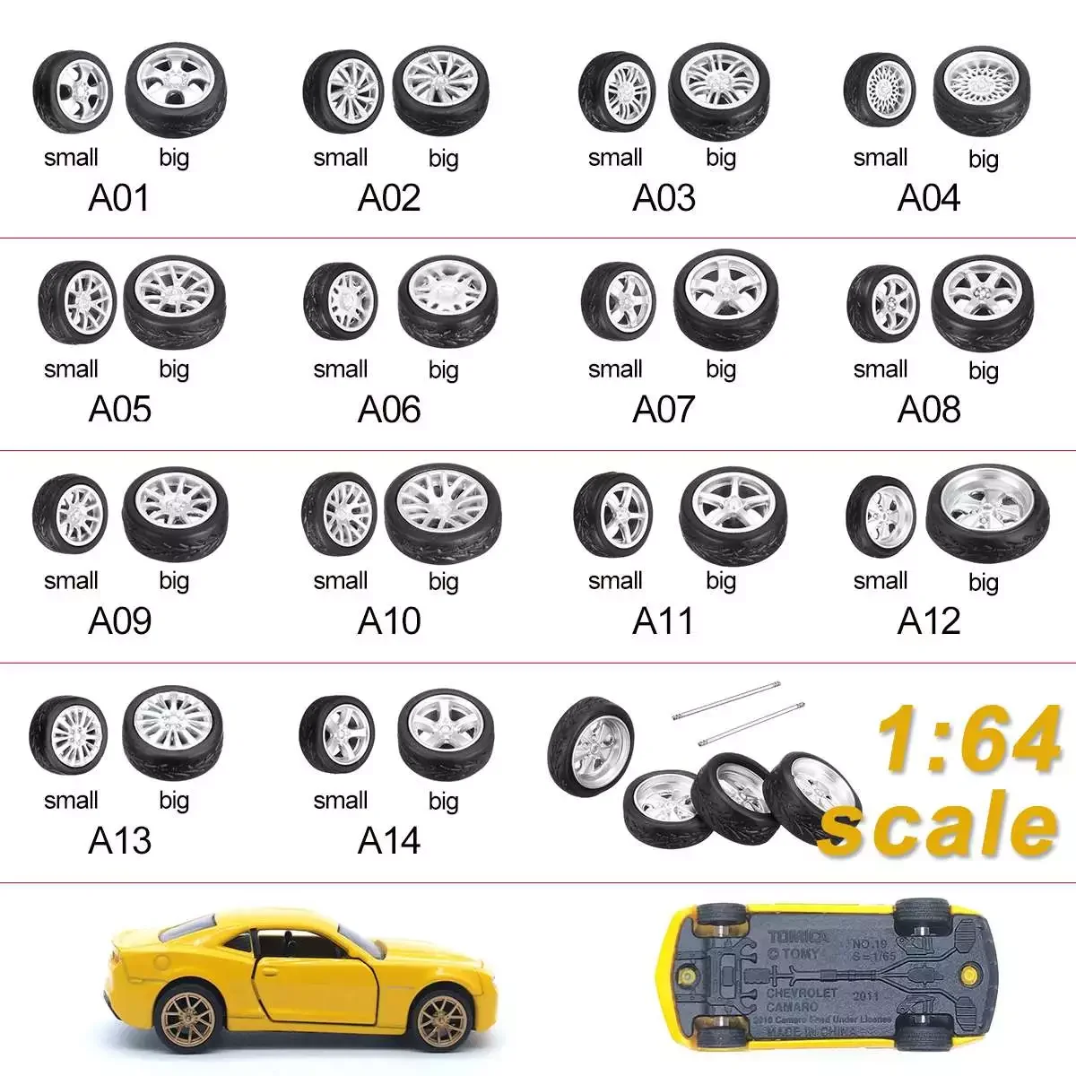 Pcs/Set big+Small 1:64 Car Wheels Tire modified wheel A01-14 Style wheel rubber tire multi-card wind wheel Green light silver
Pcs/Set big+Small 1:64 Car Wheels Tire modified wheel A01-14 Style wheel rubber tire multi-card wind wheel Green light silver
