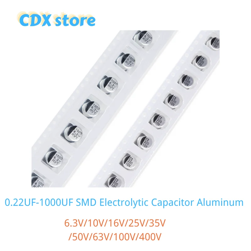 50pcs SMD Electrolytic Capacitor Aluminum 6.3V 10V 16V 25V 35V 50V 63V 100V 400V 1UF 4.7UF 10UF 47UF 100UF 470UF 680UF 1000UF
50pcs SMD Electrolytic Capacitor Aluminum 6.3V 10V 16V 25V 35V 50V 63V 100V 400V 1UF 4.7UF 10UF 47UF 100UF 470UF 680UF 1000UF