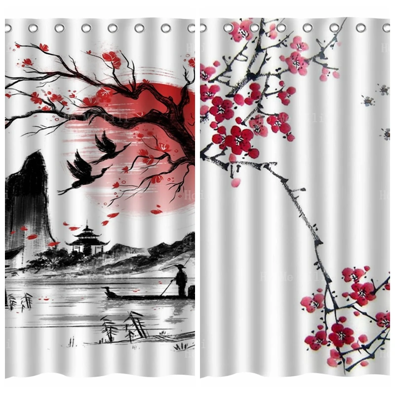

Chinese Landscape Crane Cherry Blossoms Fishing-boat Red Plum Bird Ink Painting Shower Curtain By Ho Me Lili For Bathroom Decor