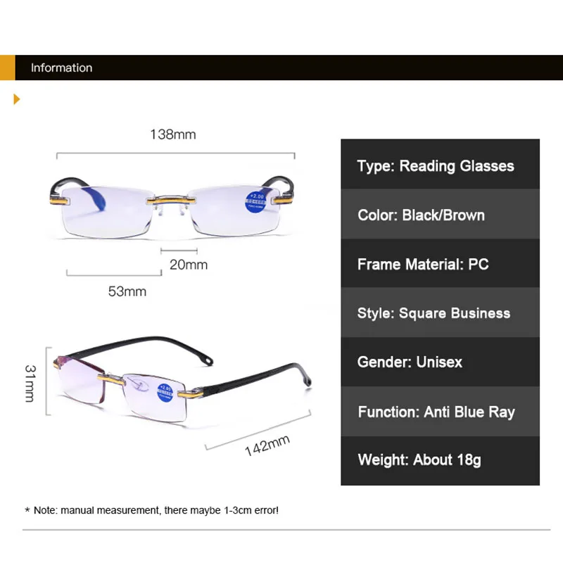 Reading Glasses Men Anti Blue Rays Presbyopia Goggles Women Vintage Rimless Eyewear Diopter +1.0 1.5 2.0 2.5 3.0 3.5 4.0 |