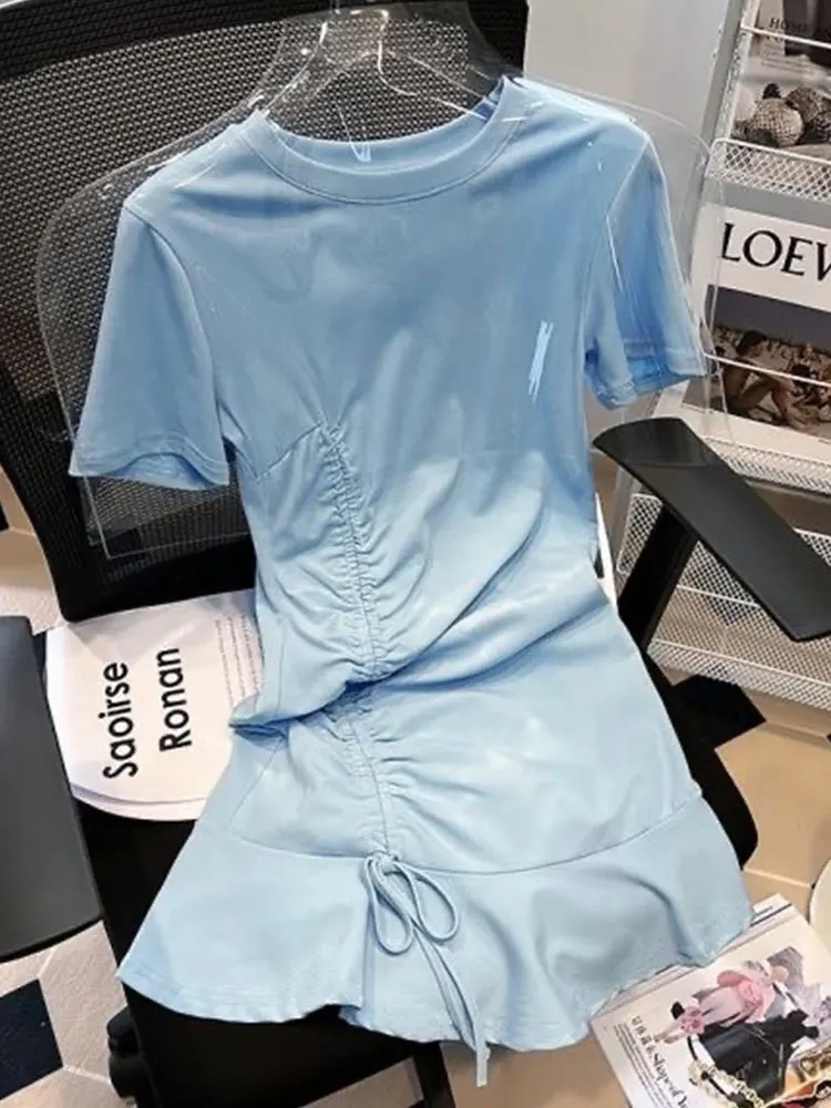 Mini Dress Women Korean Fashion Short Sleeve A-line Draw String Casual Solid All-match Woman Dresses Casual O Neck Ladies Clothe
Mini Dress Women Korean Fashion Short Sleeve A-line Draw String Casual Solid All-match Woman Dresses Casual O Neck Ladies Clothe