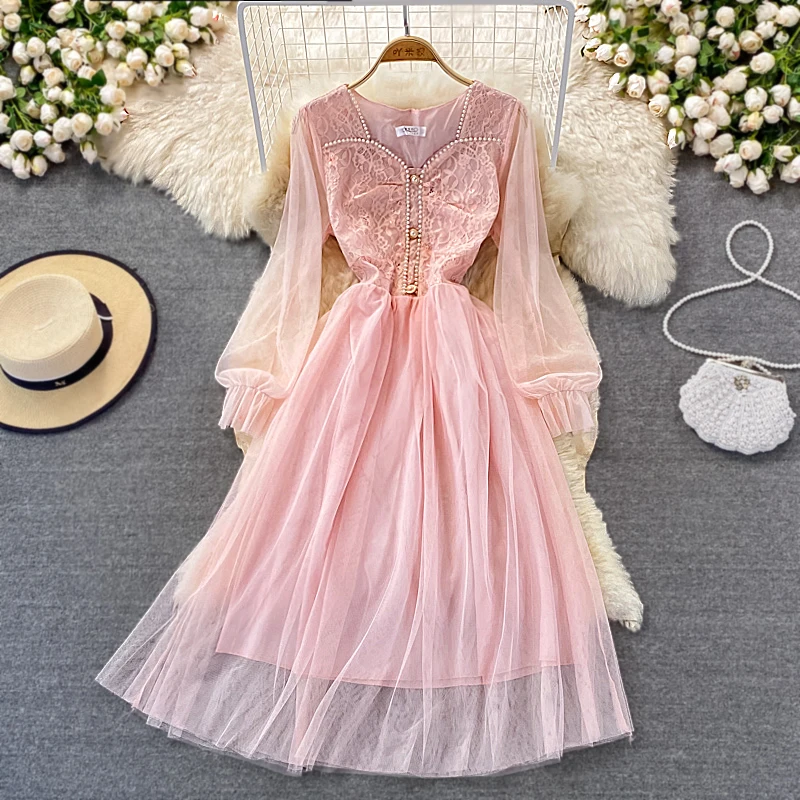 Spring Vintage Beige Women Beading Mesh Midi Dress Sweet Square Collar Puff Long Sleeve A-Line Lace Vestidos Female New 2022
Spring Vintage Beige Women Beading Mesh Midi Dress Sweet Square Collar Puff Long Sleeve A-Line Lace Vestidos Female New 2022