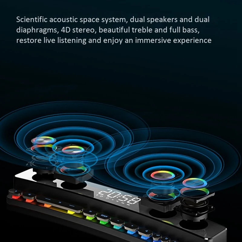Portable Wireless Game Soundbar USB 3D Stereo Bass Subwoofer AUX FM Home Digital Alarm Clock with Bluetooth Speaker
Portable Wireless Game Soundbar USB 3D Stereo Bass Subwoofer AUX FM Home Digital Alarm Clock with Bluetooth Speaker