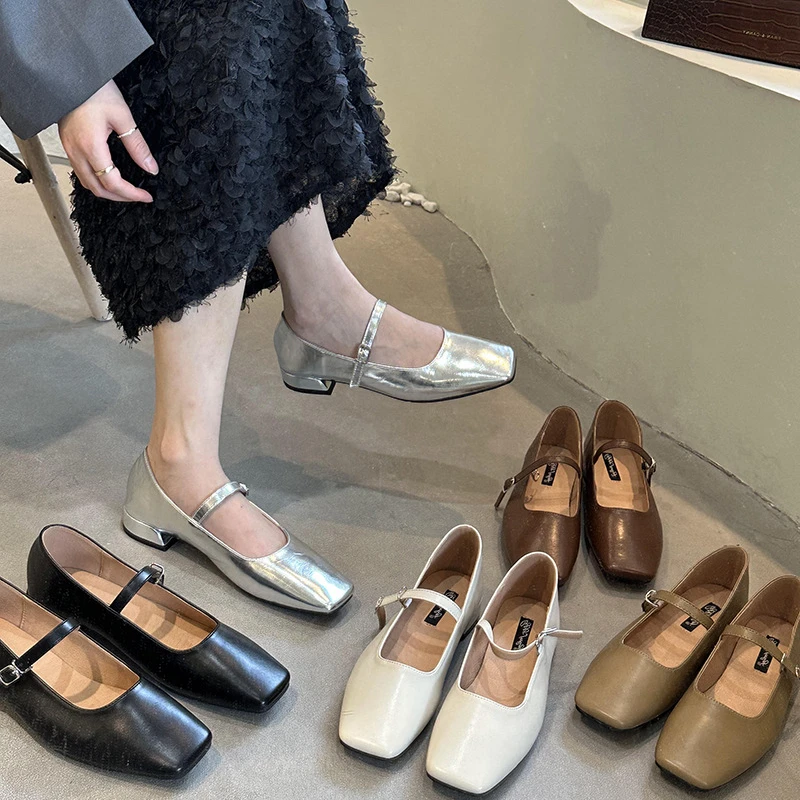 

Spring Square Toe Ballet Shoes Woman Fashion Low Heel Mary Jane Shoes Casaul Silver Shallow Buckle Soft Sole Ladies Flats