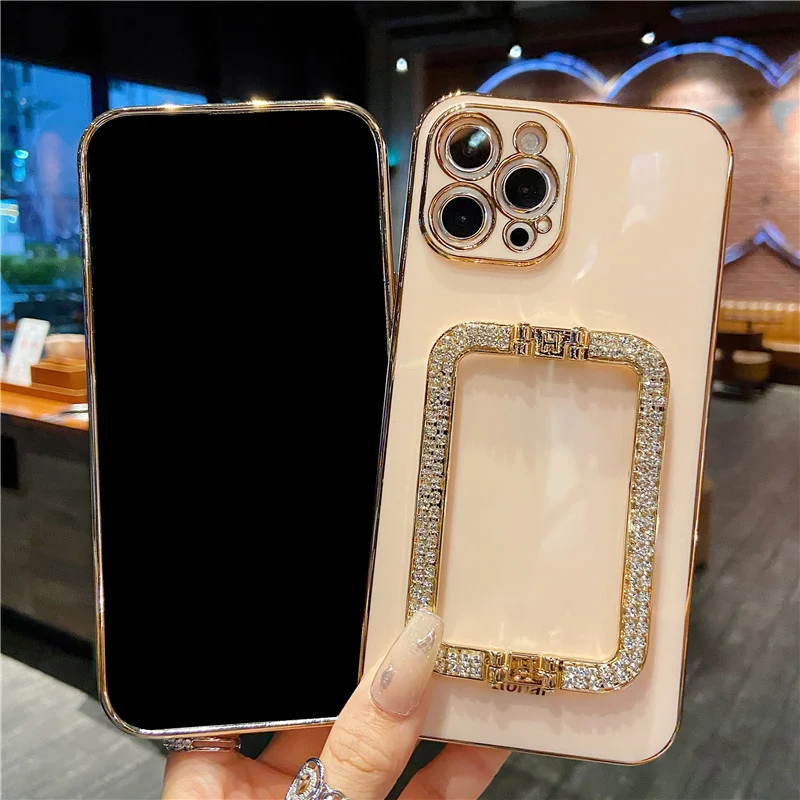 

Luxury Glitter Bling 3D Crystal Square Holder Gold Plating Phone Case For iPhone 14 13 12 11 Pro Max X XS XR 7 8 Plus SE2 Cover