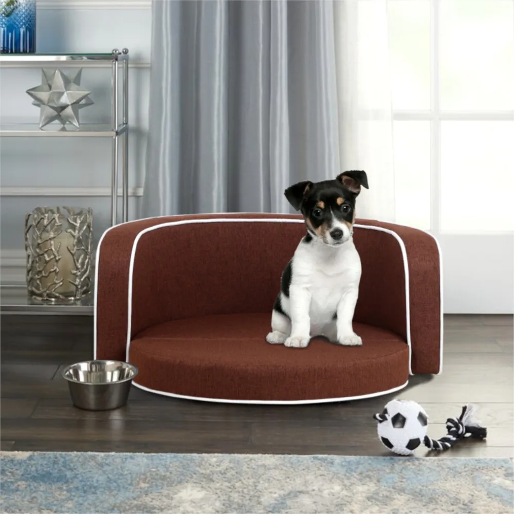 White Roller Lines On The Edges Curved Appearance With Cushion 30'' Brown Round Pet Sofa With Wooden Structure And Linen Goods
White Roller Lines On The Edges Curved Appearance With Cushion 30'' Brown Round Pet Sofa With Wooden Structure And Linen Goods