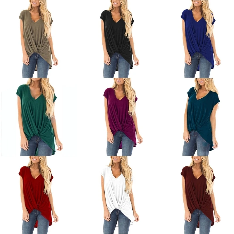 

Women Summer Casual Tunic Shirt Short Sleeve V-Neck Twist Knotted Front Blouses 10CE
