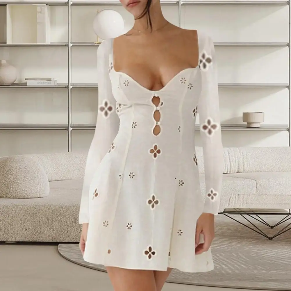 Women Summer Dress Low-cut V Neck Sleeveless Slim Fit Flower Hollow Out Mid-calf Length Solid Color Soft Lady Party Midi Dress
Women Summer Dress Low-cut V Neck Sleeveless Slim Fit Flower Hollow Out Mid-calf Length Solid Color Soft Lady Party Midi Dress