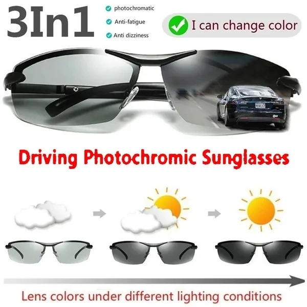 

Polarized Photochromic Sunglasses Men Aluminum magnesium Frame Top Lens Driving Day and Night Vision Goggles Sun Glasses