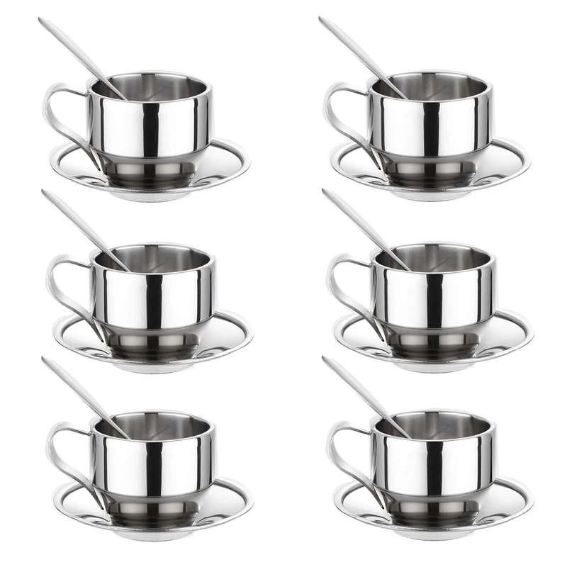 Set of 6 Coffee Cup with Saucer and Spoon Set,Stainless Steel Double Walled Mug Latte Cappuccino Tea Cups 125Ml/4.2 Oz
Set of 6 Coffee Cup with Saucer and Spoon Set,Stainless Steel Double Walled Mug Latte Cappuccino Tea Cups 125Ml/4.2 Oz