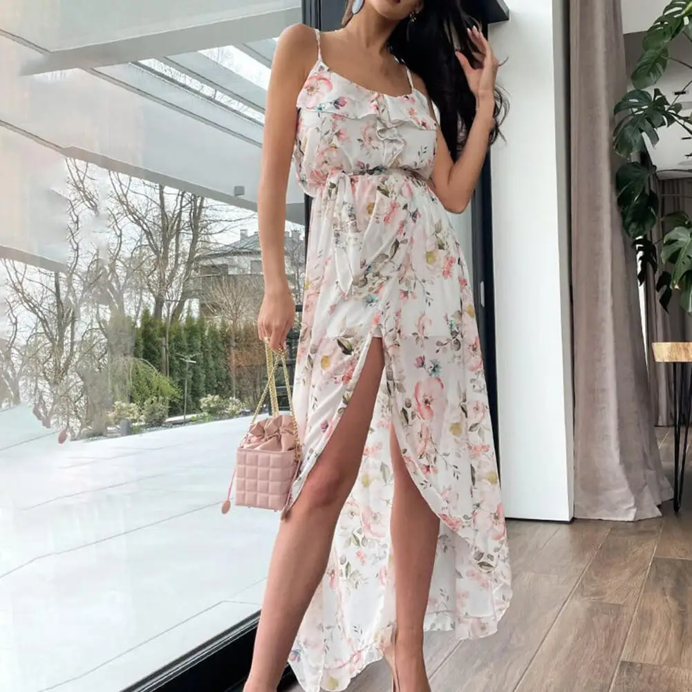 Women Dress V-Neck Ruffle Collar Belt Lady Chest Wrap Split Hem Floral Print Sleeveless Sling Beach Dress Female Clothing
Women Dress V-Neck Ruffle Collar Belt Lady Chest Wrap Split Hem Floral Print Sleeveless Sling Beach Dress Female Clothing