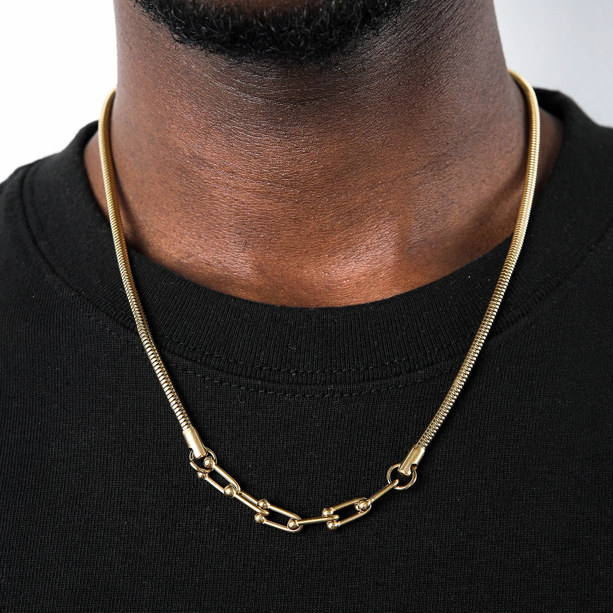 

US7 Hip Hop Stainless Steel Heavy Metal U Grain Snake Bone Splicing Clavicle Chain Choker Necklace for Man Trendy Party Jewelry