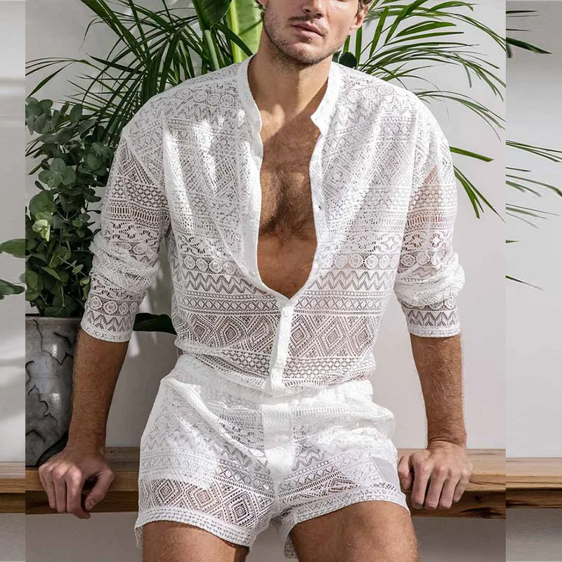 New Arrivals Men Set Summer Sexy See Through Lace Outfits Beach Fashion Short Sleeved Tops And Shorts Mens Two Piece Suits
New Arrivals Men Set Summer Sexy See Through Lace Outfits Beach Fashion Short Sleeved Tops And Shorts Mens Two Piece Suits