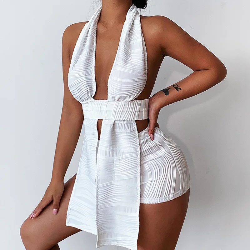 Women Sexy Solid White V-neck Halter Bandage 2 Pieces Sets Sleeveless Backless Chic Suits Outfits with Shorts 2022 Summer
Women Sexy Solid White V-neck Halter Bandage 2 Pieces Sets Sleeveless Backless Chic Suits Outfits with Shorts 2022 Summer