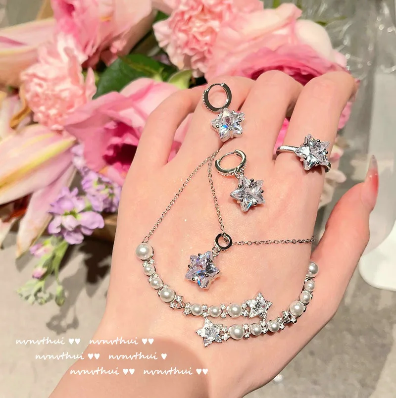 

JitDoo Meteor Gem Necklace Gorgeous Star Pearl Earrings Women Luxury Inlaid Sparkling CZ Stone Fashion Wedding Jewelry Set Lots