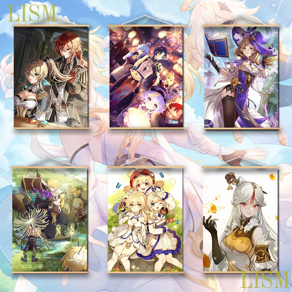 Genshin Impact Paimon Amber Ning Guang Diluc kaeya Anime manga wall Poster solid wood hanging scroll with canvas painting
Genshin Impact Paimon Amber Ning Guang Diluc kaeya Anime manga wall Poster solid wood hanging scroll with canvas painting