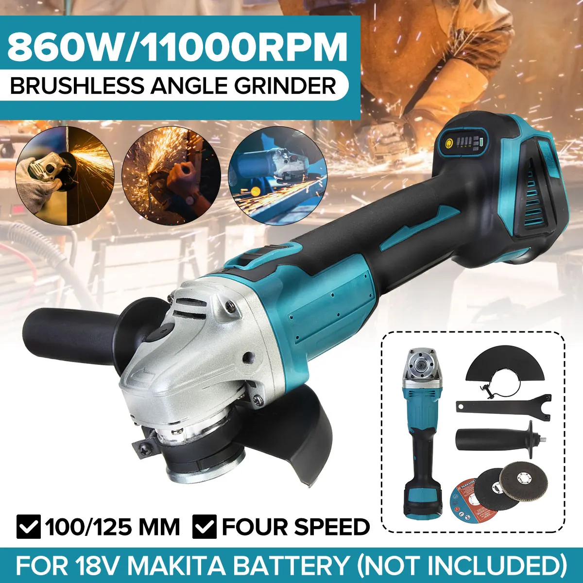 125/100mm 4 Speed Brushless Electric Angle Grinder Cordless DIY Woodworking Power Tool Grinding Machine For Makita 18V Battery
125/100mm 4 Speed Brushless Electric Angle Grinder Cordless DIY Woodworking Power Tool Grinding Machine For Makita 18V Battery