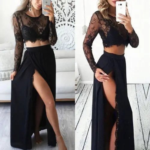 New 2 Pieces Sexy Women Black Lace Dress Evening Party Long Sleeve Tranparent Crop Top Women'S Suit Two Piece Set Costume S-XL
New 2 Pieces Sexy Women Black Lace Dress Evening Party Long Sleeve Tranparent Crop Top Women'S Suit Two Piece Set Costume S-XL