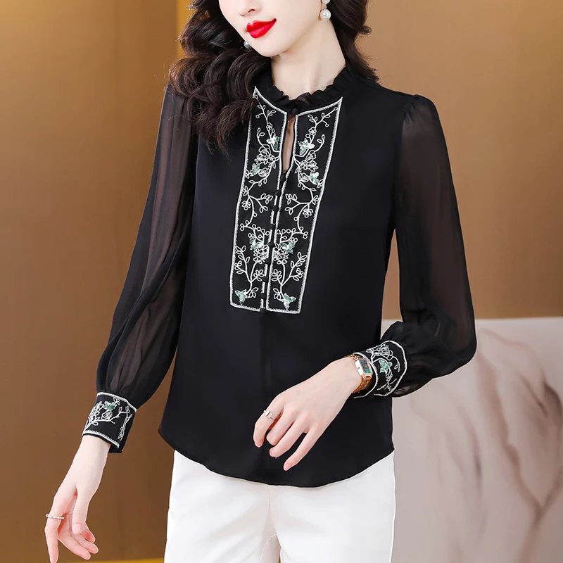 Vintage Black Silk Satin Shirt Women's New Long Sleeve Pullovers Blouse Standing Collar Embroidered Top Blusa
Vintage Black Silk Satin Shirt Women's New Long Sleeve Pullovers Blouse Standing Collar Embroidered Top Blusa