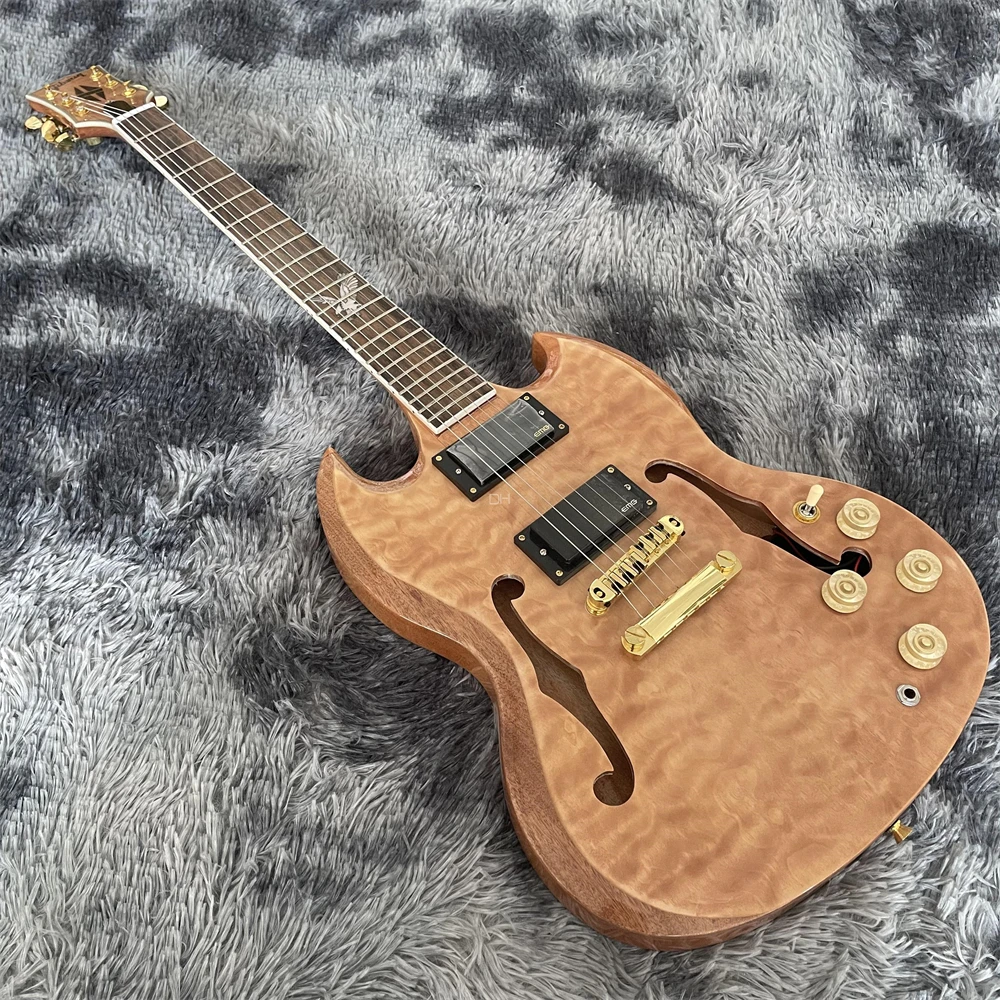 

High quality customized SG electric guitar F-hole hollow mahogany body maple wood wave pattern veneer EMG pickup gold accessorie
