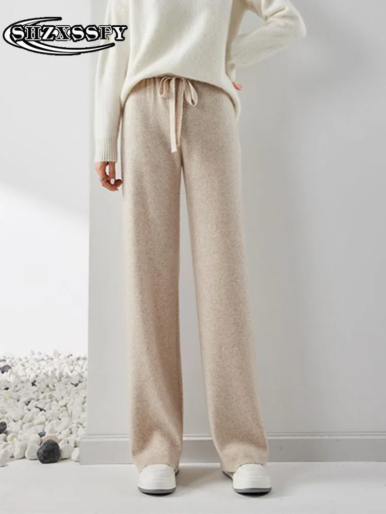 Брюки женские с широкими штанинами, утепленные вязаные шикарные и элегантные повседневные свободные теплые штаны с завышенной талией, Осень-зима 
Брюки женские с широкими штанинами, утепленные вязаные шикарные и элегантные повседневные свободные теплые штаны с завышенной талией, Осень-зима