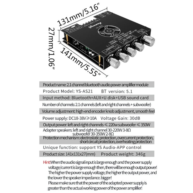 

YS-AS21 2x220W+350W 2.1 Channel Digital Power Amplifier Board TPA3255 Subwoofer Treble Bass Tone APP USB Function