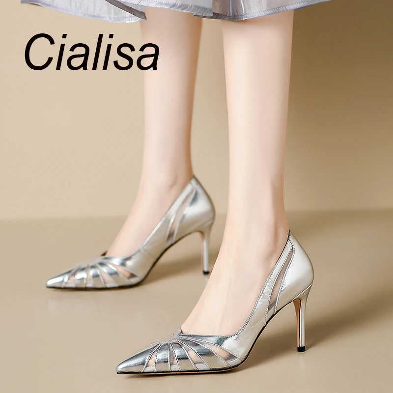 Туфли-лодочки женские из натуральной кожи, с острым носком, серебристые 
Туфли-лодочки женские из натуральной кожи, с острым носком, серебристые