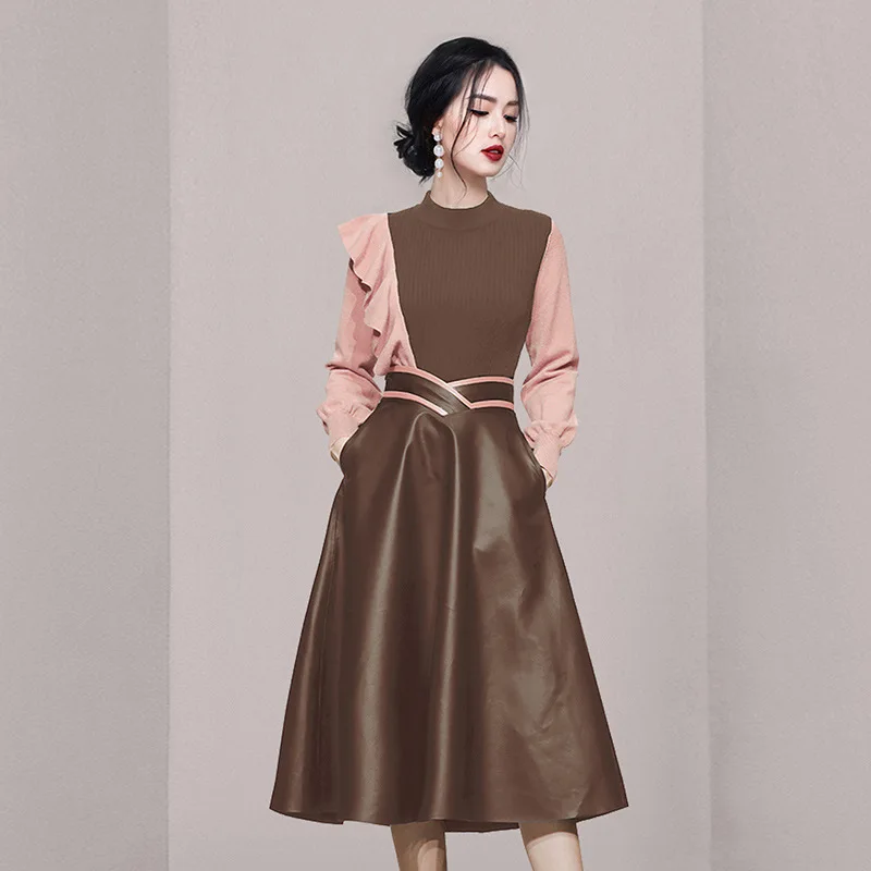 Autumn/Winter Women's New Fashion Temperament Contrast Elegant Knitwear Flounces Two-piece Brown Leather Long Skirt Suit
Autumn/Winter Women's New Fashion Temperament Contrast Elegant Knitwear Flounces Two-piece Brown Leather Long Skirt Suit