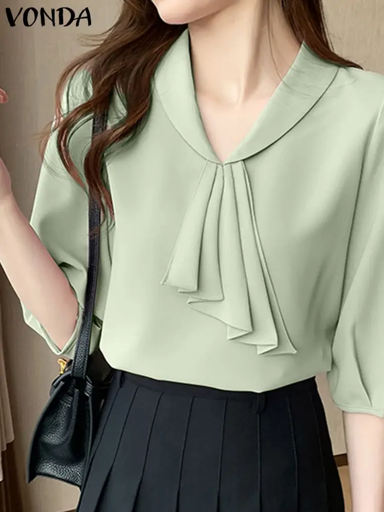 

VONDA Elegant Office OL Style Casual Shirts Womens Tops And Blouses 2023 Stylish Summer Half Sleeve Solid Color Blusas Femininas