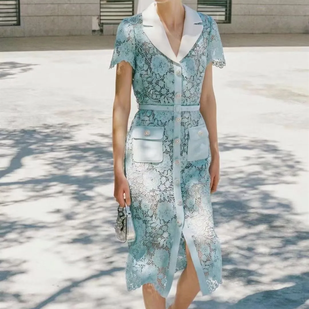 Women Notched Lace Embroidery Single Breasted Slim Fit Waist Belt Midi Dress
Women Notched Lace Embroidery Single Breasted Slim Fit Waist Belt Midi Dress