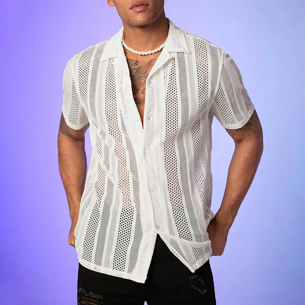 See-through Stylish Multi Holes Turn-down Collar Men Tops Mesh Shirt Solid Color Daily Garment 
See-through Stylish Multi Holes Turn-down Collar Men Tops Mesh Shirt Solid Color Daily Garment