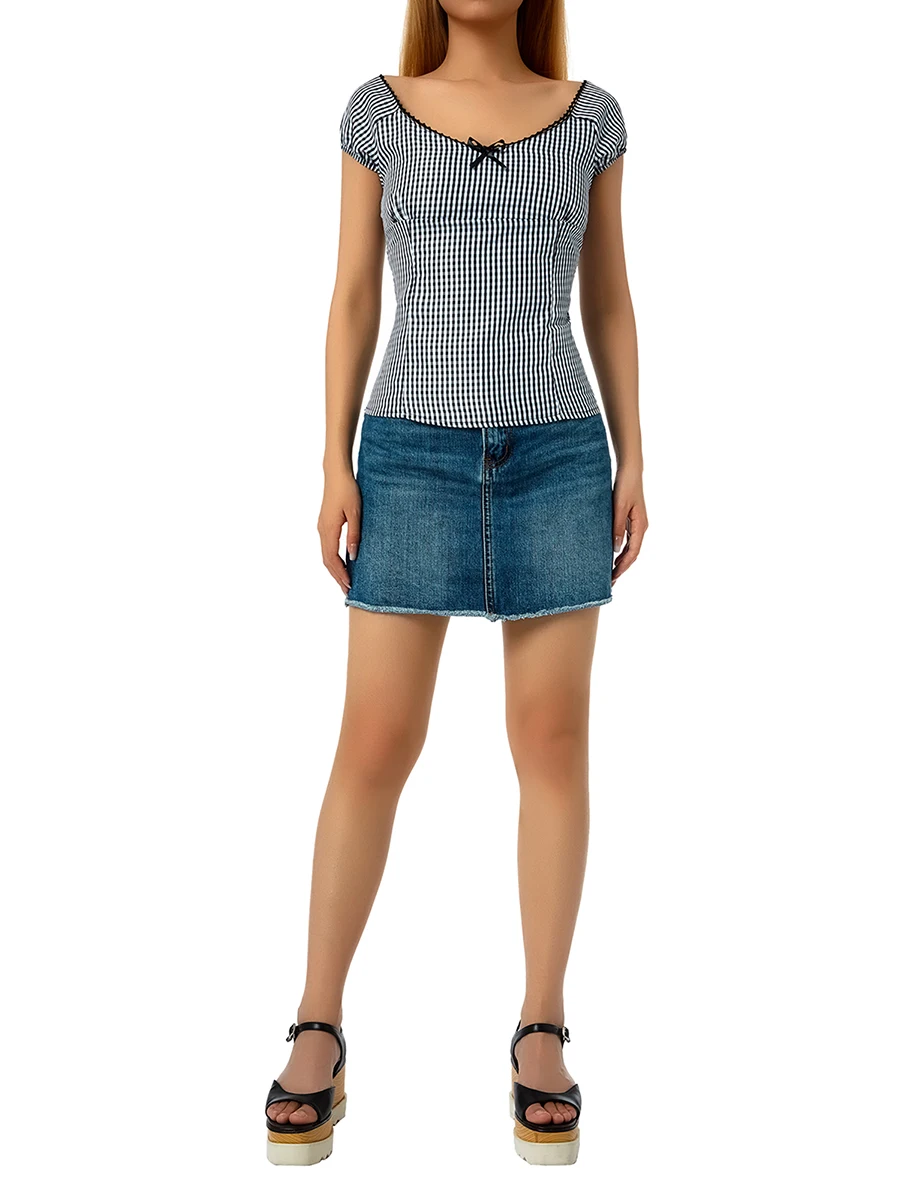 Женская футболка с коротким рукавом, V-образным вырезом и бантом
Женская футболка с коротким рукавом, V-образным вырезом и бантом