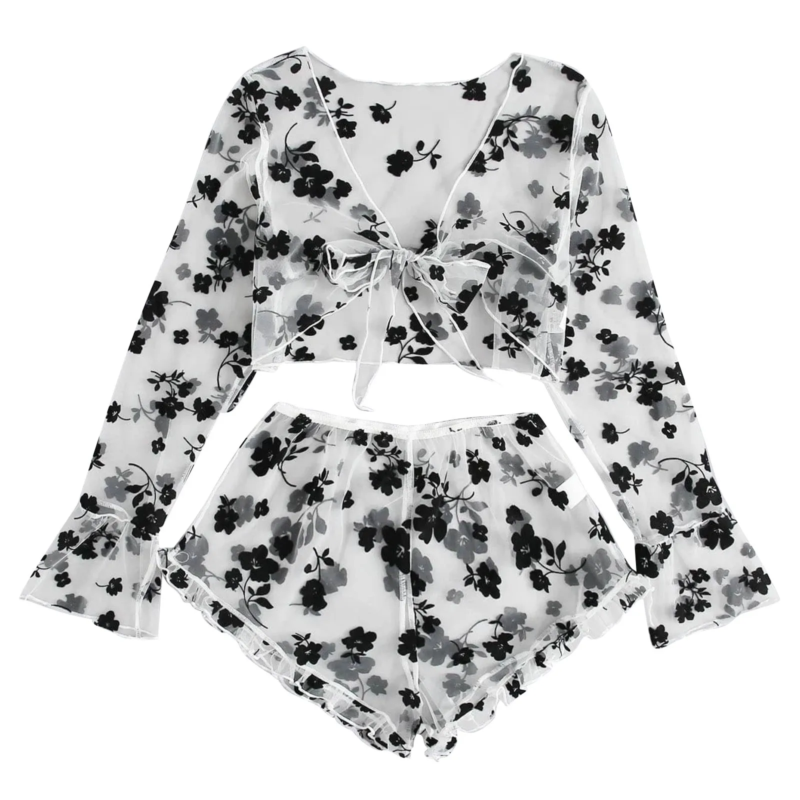 2Pcs Women Lingerie Suit Sexy See-through Sheer Floral Print Off-Shoulder Long Sleeve Top+High waist Shorts Panty Underwear Sets
2Pcs Women Lingerie Suit Sexy See-through Sheer Floral Print Off-Shoulder Long Sleeve Top+High waist Shorts Panty Underwear Sets
