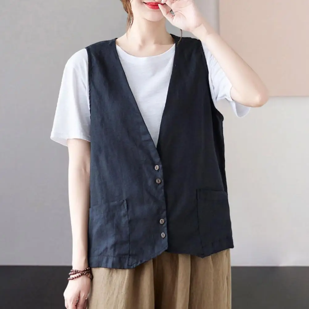 Женская безрукавка с V-образным вырезом, однотонный однобортный жилет с карманами, верхняя одежда, на лето 
Женская безрукавка с V-образным вырезом, однотонный однобортный жилет с карманами, верхняя одежда, на лето