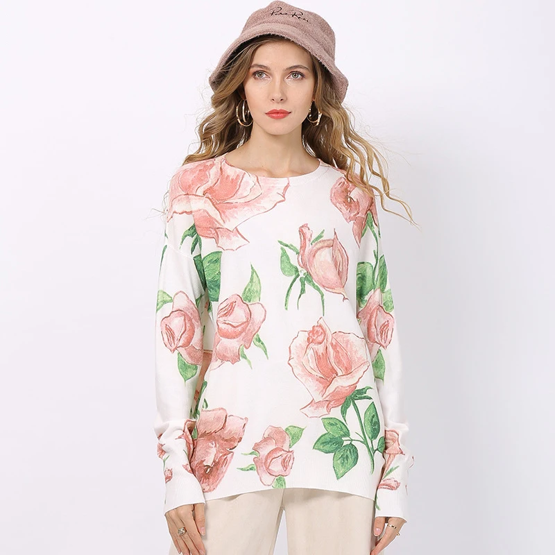 Tellshun Romantic Rose Print Fashion Knitted Sweater Women's Autumn Long-sleeved Pullover Large Size Loose New Top Female 
Tellshun Romantic Rose Print Fashion Knitted Sweater Women's Autumn Long-sleeved Pullover Large Size Loose New Top Female