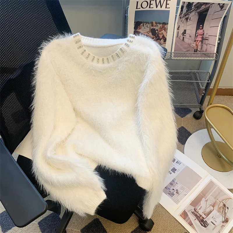 

Diamond O-Neck Mink Mohair Sweater Women Soft Warm Wool Cashmere Knit Pullover Spring Autumn Loose Knitwears Female Jumper H542