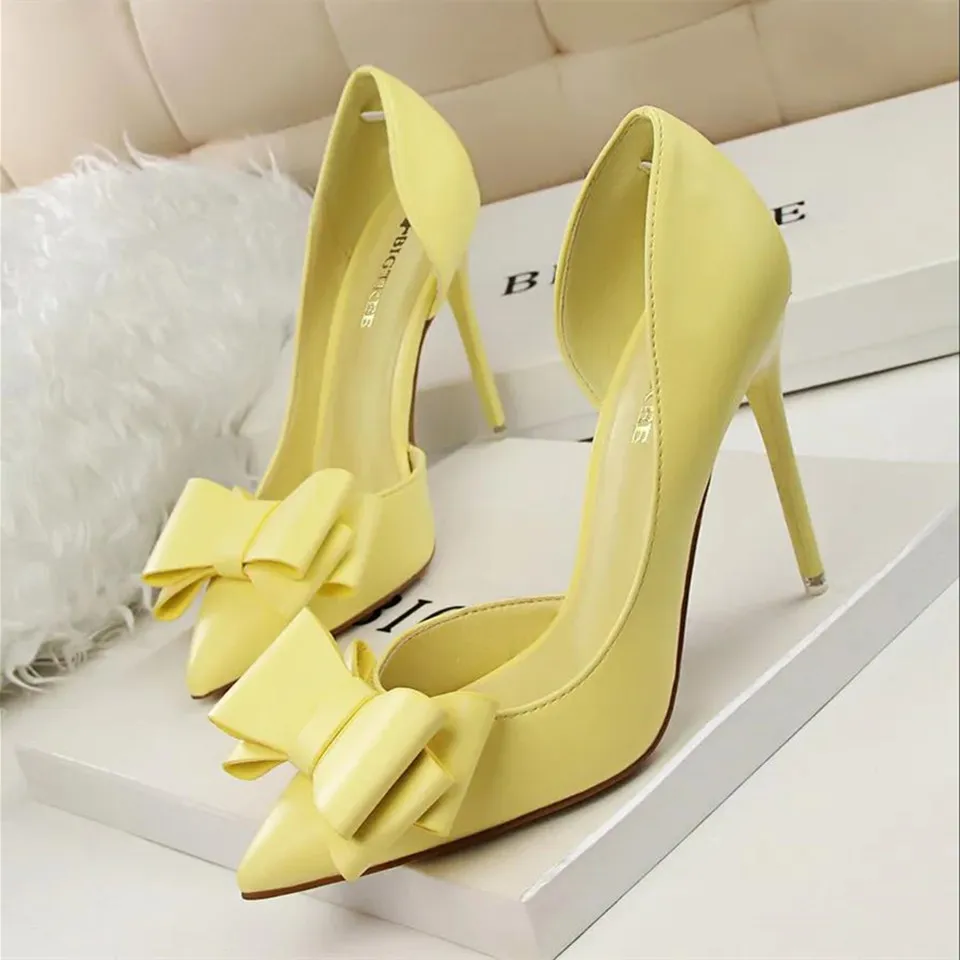 

Женские милые желтые туфли с бантом, весенние слипоны на шпильках, женские модные офисные аксессуары B171