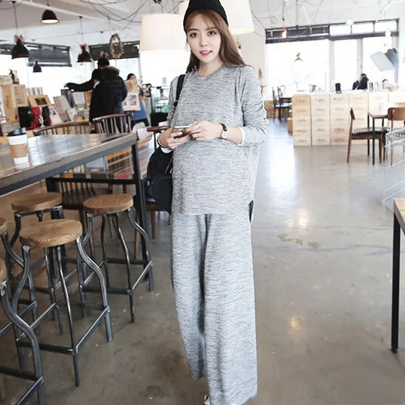 

New Comfortable Pregnant Women Autumn Breastfeeding Suit Casual Top Supporting Belly Straight Wide Leg Pants Pregnancy Clothes