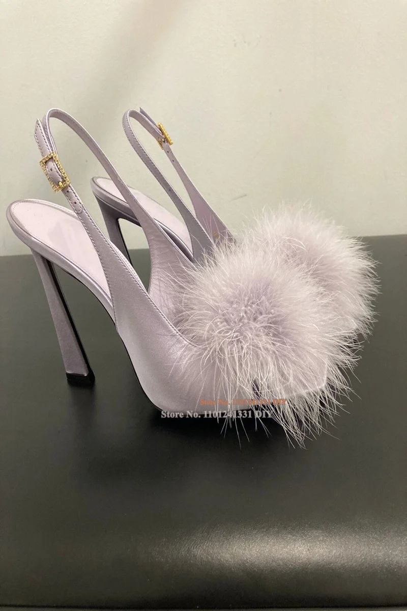 

Light Purple Black Fur Ball Decor Squared Peep Toes Pumps Crystal Embellished Thin High Heels Feather Trimmed Women Stilettos