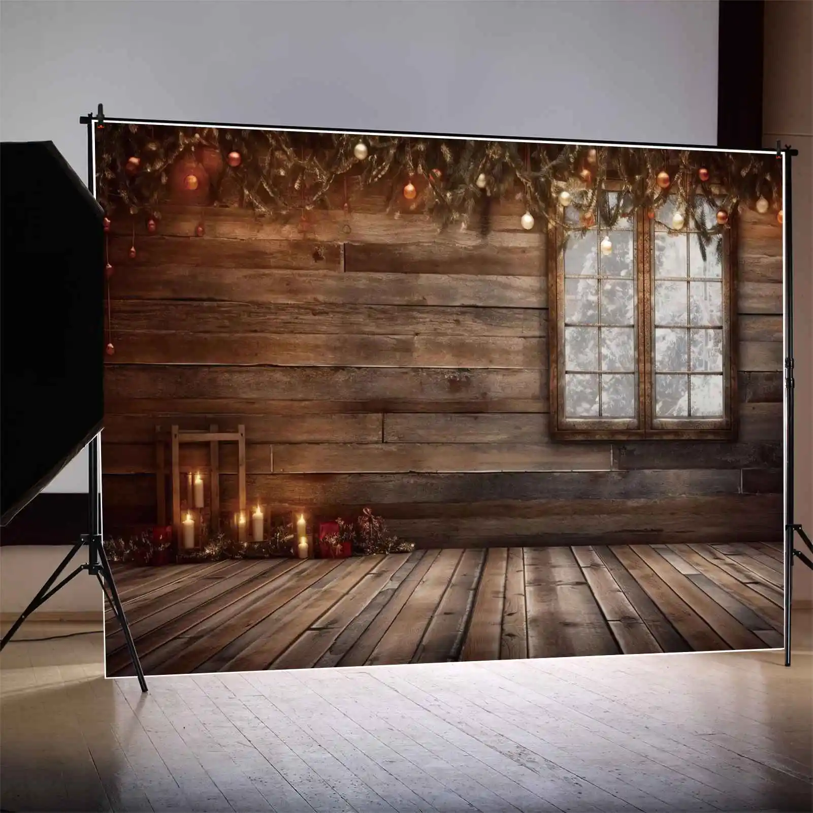 

MOON.QG Backdrop Christmas Wood Plank Wooden Board Wall Floor Home Window Background Candle Lights Balls Pine Party Photo Booth