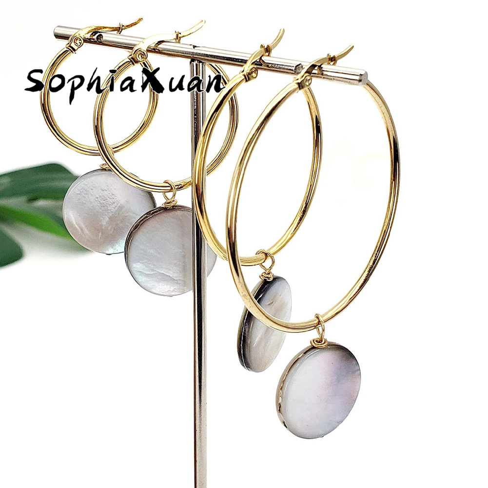 

SophiaXuan 2023 New Hawaiian Black Shell Earing Stainless Steel Large Dangle Earring Trendy Holiday Gift Earrings for Women Lady