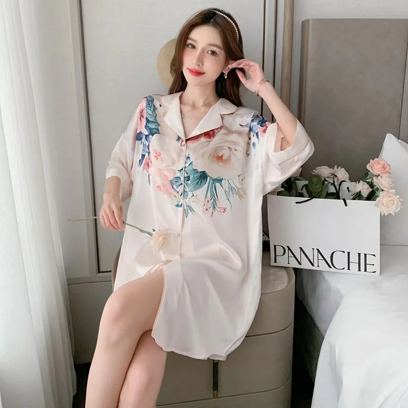 Nightdress Women's Summer New Ice Silk Short Sleeve Sexy Large Boyfriend Style Shirt Skirt Popular Print Mini Skirt Home Clothes
Nightdress Women's Summer New Ice Silk Short Sleeve Sexy Large Boyfriend Style Shirt Skirt Popular Print Mini Skirt Home Clothes