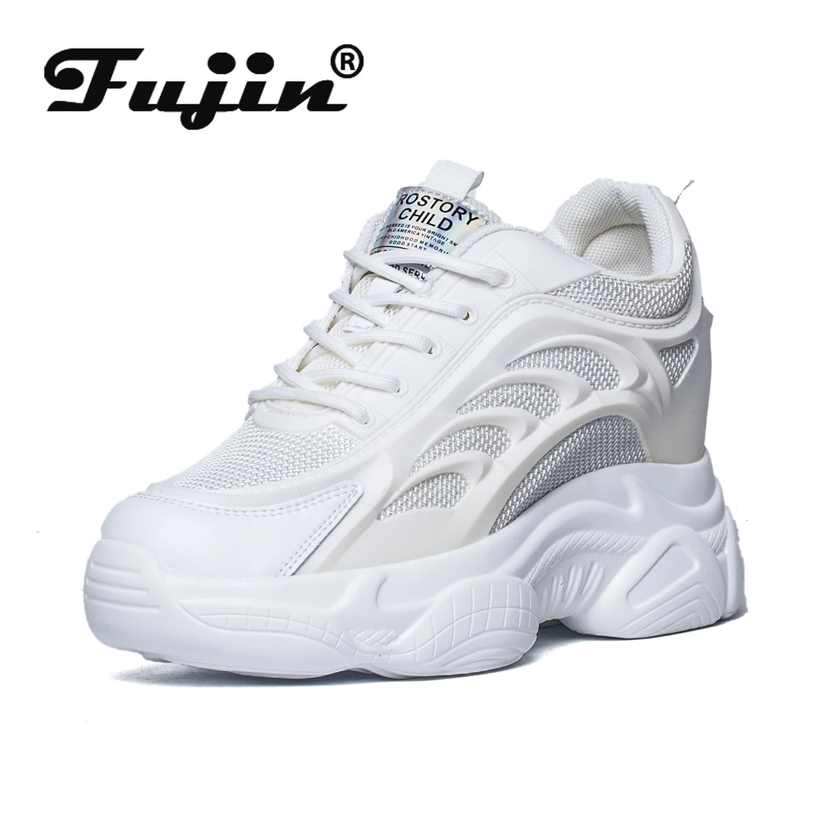 

Fujin White Dad Shoes Chunky Sneakers for Women 2021 Genuine Leather Air Mesh Hollow Platform Heel Wedge Pumps 9cm Heels