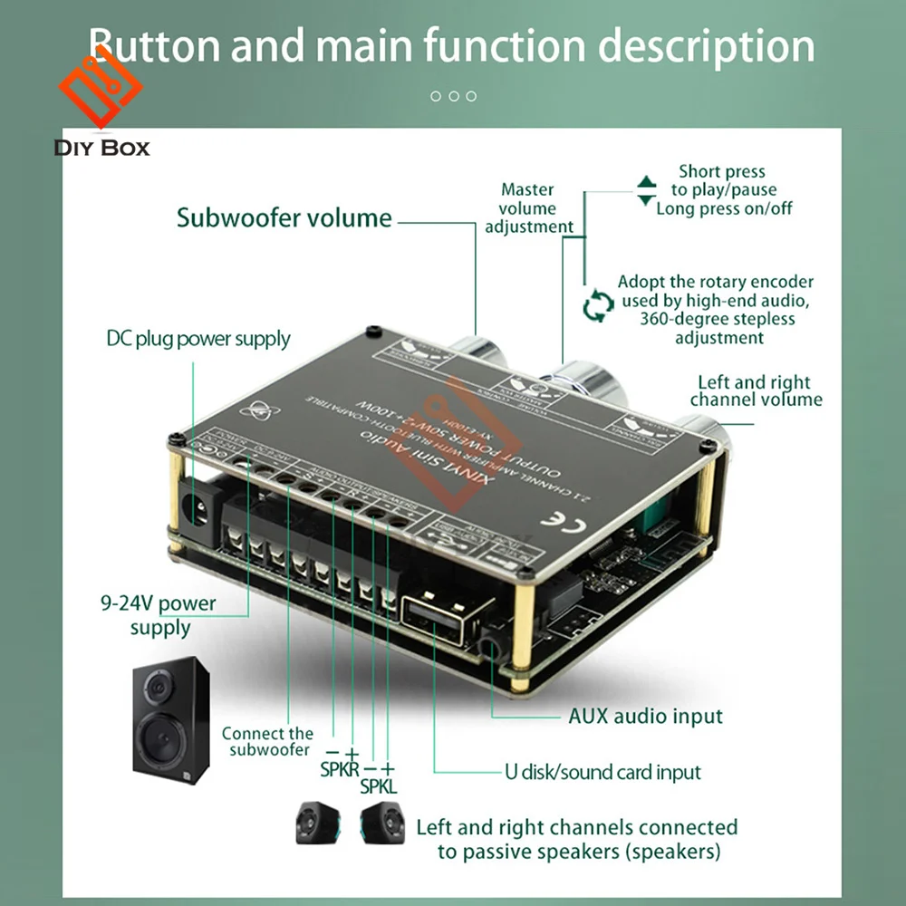 XY-E100H 50W*2 100W Bluetooth Ower Amplifier Board AUX Sound Card Input 2.1 CH Stereo Music Wireless Module Audio AMP TPA3116D2
XY-E100H 50W*2 100W Bluetooth Ower Amplifier Board AUX Sound Card Input 2.1 CH Stereo Music Wireless Module Audio AMP TPA3116D2